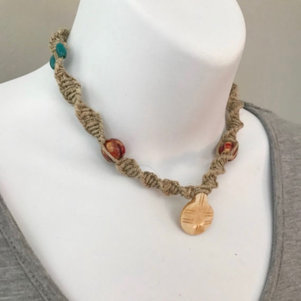 OHM Hemp Necklace Tribal Pendant Red Blue Beads